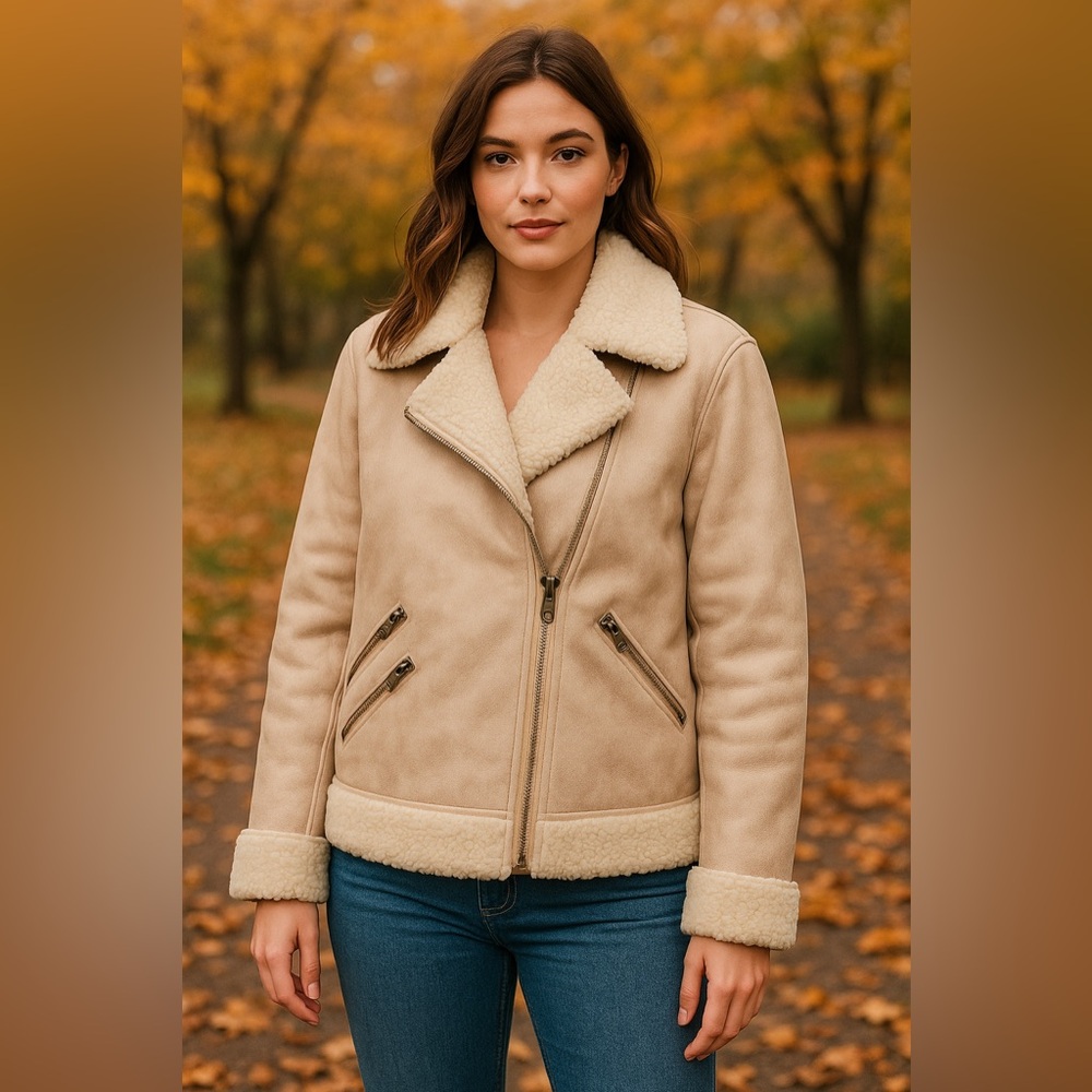 TOBI Faux Shearling Aviator Jacket Beige Tan Sherpa Lined Coat Women's M NWT